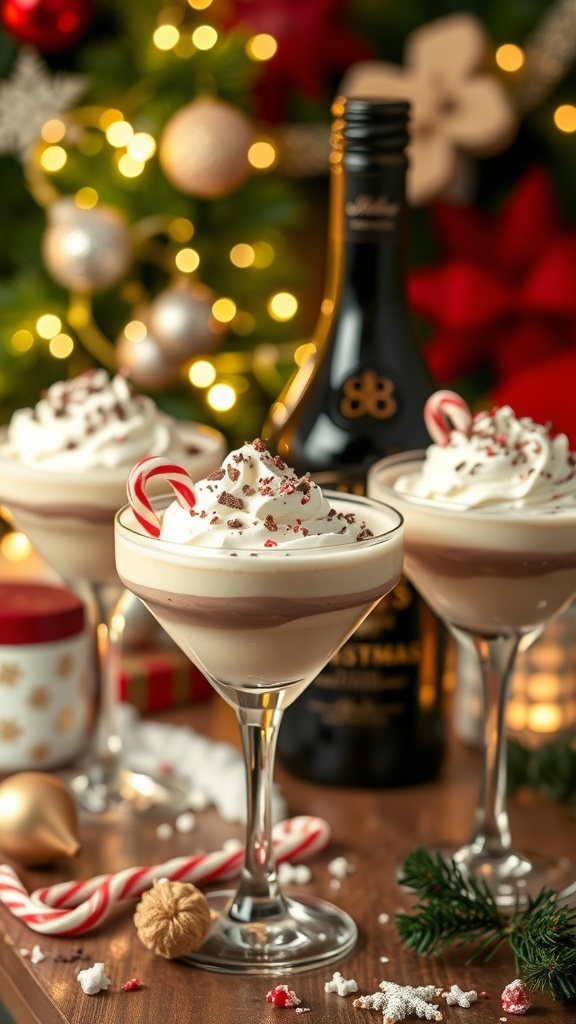 Festive Baileys cocktails in glasses with whipped cream and holiday garnishes on a decorated table.